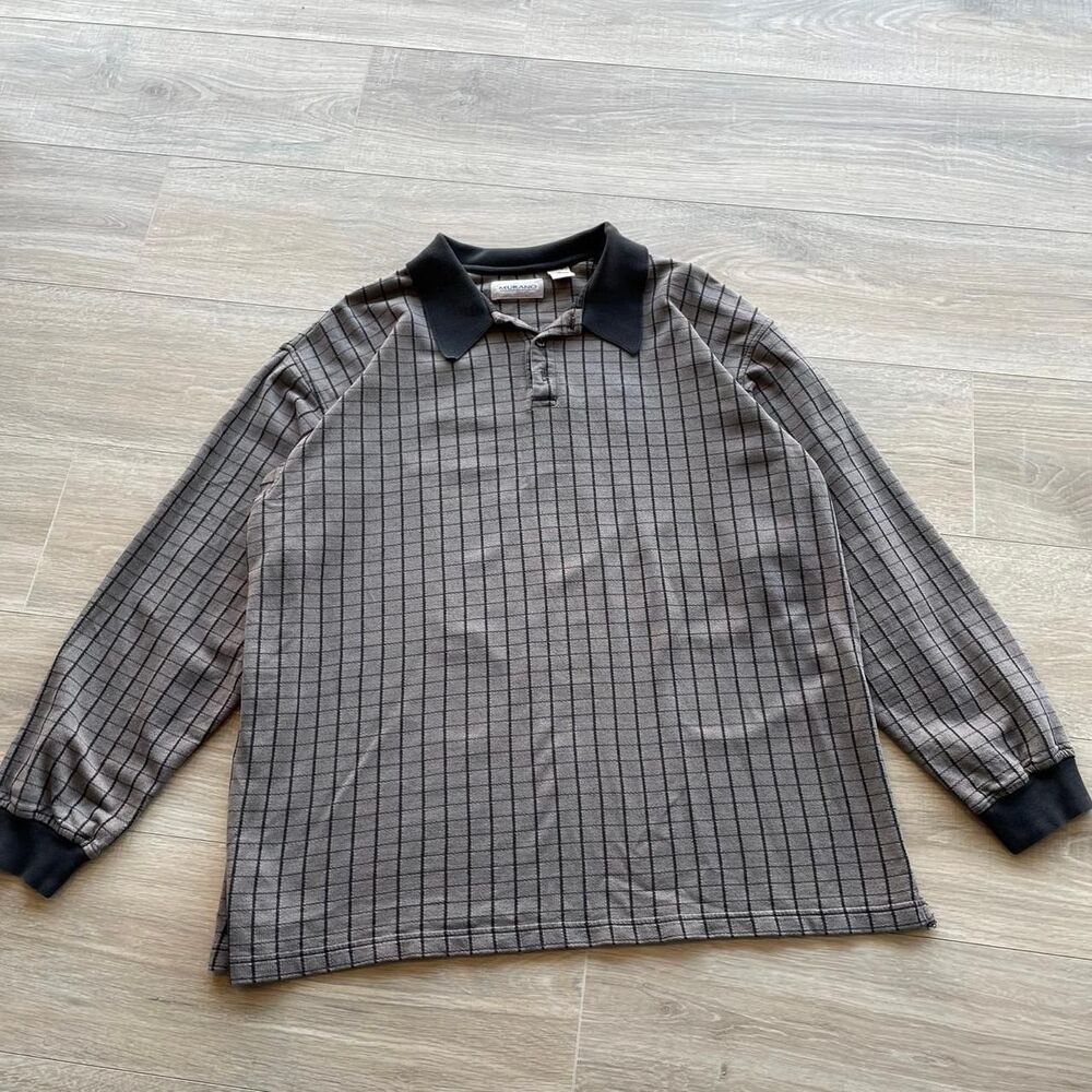 Murano Vintage Men's XL Grey and Black Checked Polo Shirt Long Sleeve Grunge